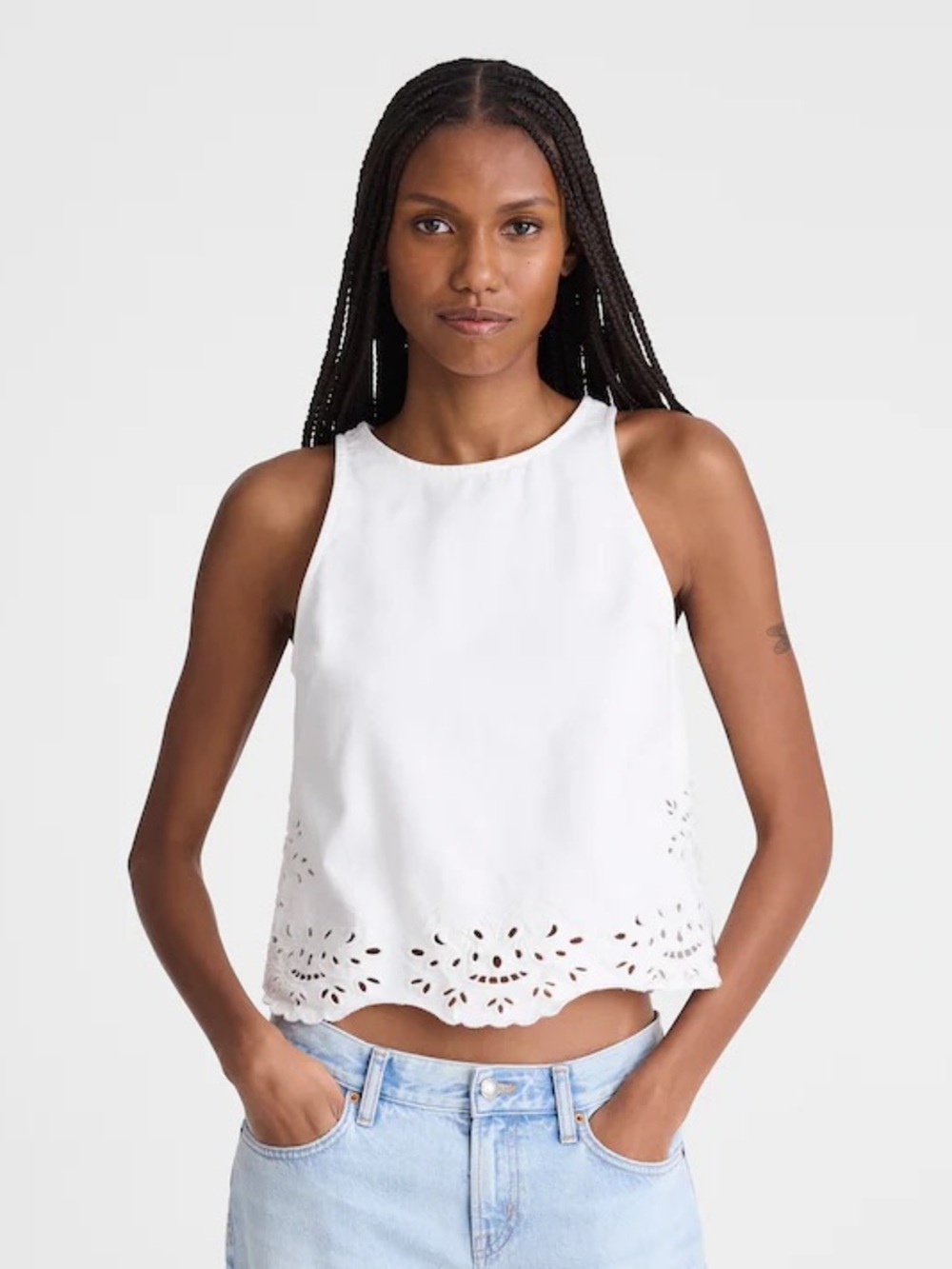 Denim Eyelet Shell Top in White